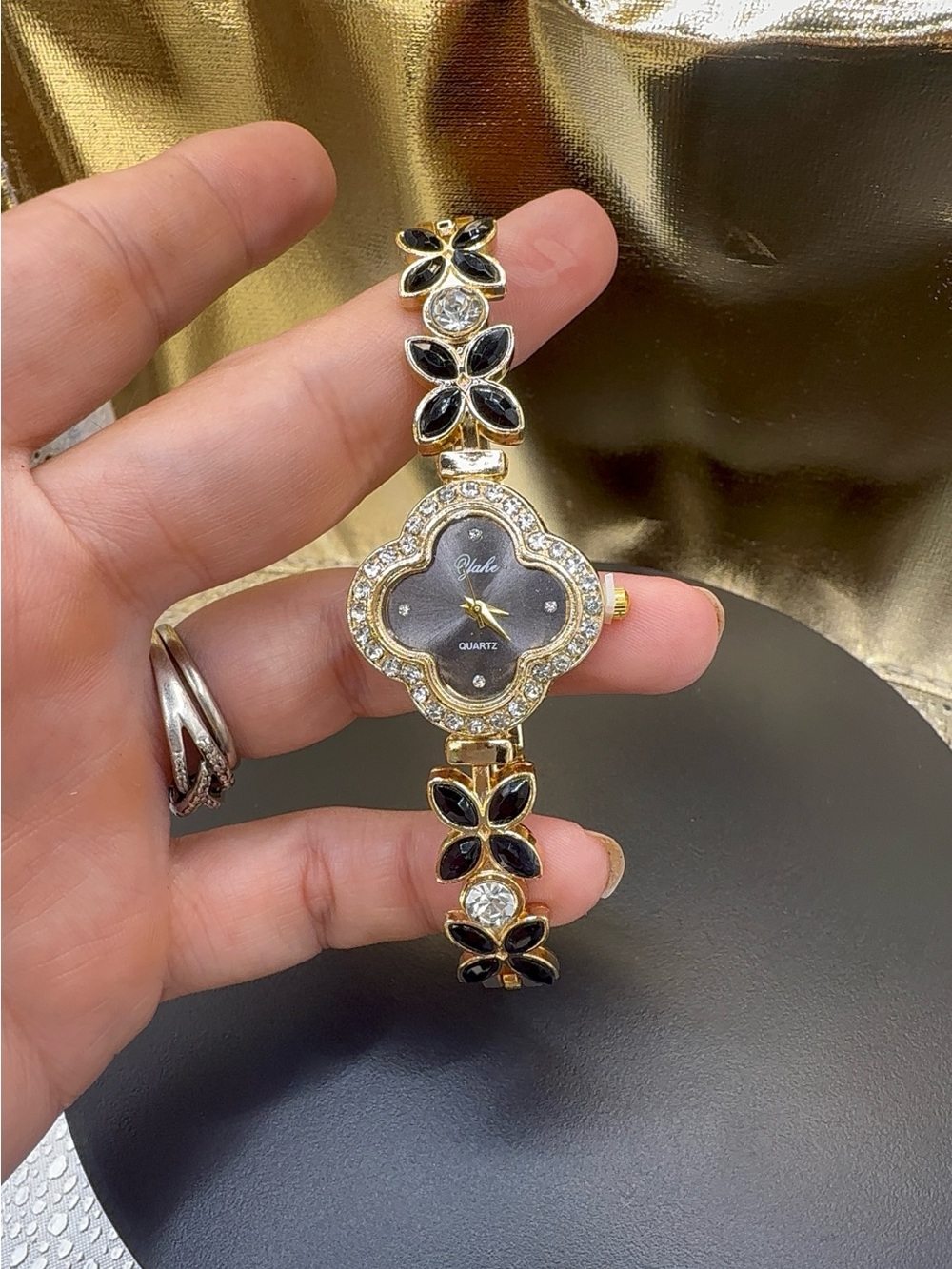 Gold-Tone Black Flower Bracelet Watch - Quartz
